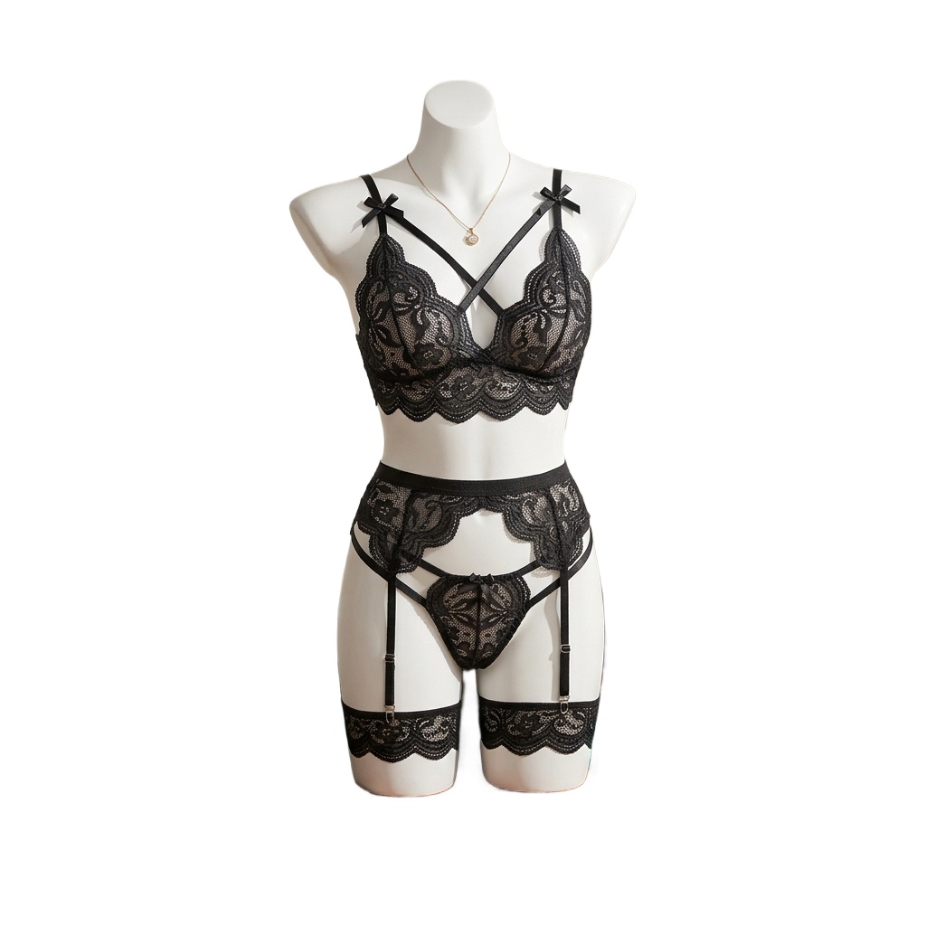 Garter Belt Set - ชุดชั้นในลูกไม้ลายดอกไม้สำหรับผู้หญิง ประกอบด้วยสายรัดและกางเกงชั้นใน พร้อมเข็มขัดรัดถุงน่องและห่วงรัดขา 4 ชิ้น ชุดนอนสุดเย้ายวนสำหรับค่ำคืนสุดโรแมนติก